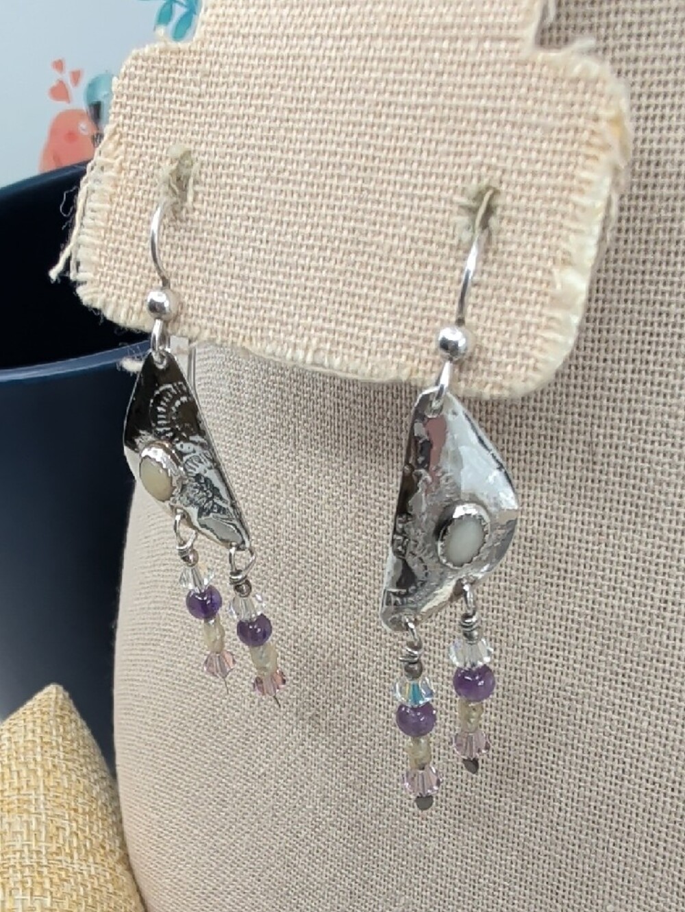 Vintage Hand Hammered Sterling Silver Amethyst Pearl Dangle Earrings - Picture 12 of 17
